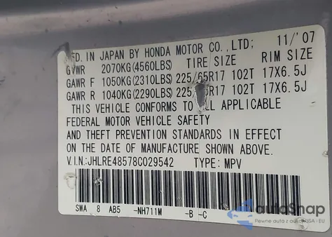 2008 Honda Cr-V Ex from USA, damaged, VIN JHLRE48578C029542